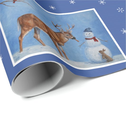 Deer & Snowman-kerstsnowflakes Cadeaupapier (Rol Hoek)