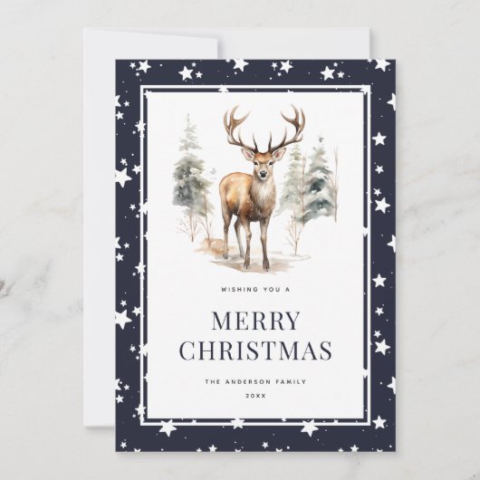 Deer Stag Feestelijke Blue Merry Christmas Kaart (Voorkant)