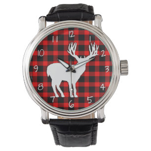 Deer Stag Silhouette op Red Black Pset Horloge