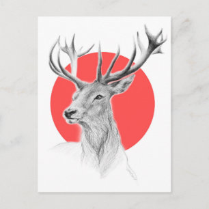 Deer Stag tekening Rode cirkel Dierenkunst Briefkaart