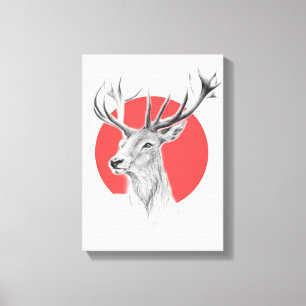 Deer Stag tekening Rode cirkel Dierenkunst Canvas Afdruk