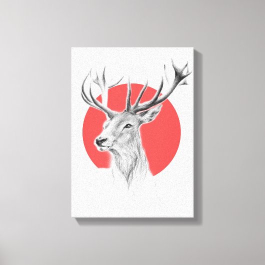Deer Stag tekening Rode cirkel Dierenkunst Canvas Afdruk (Voorkant)