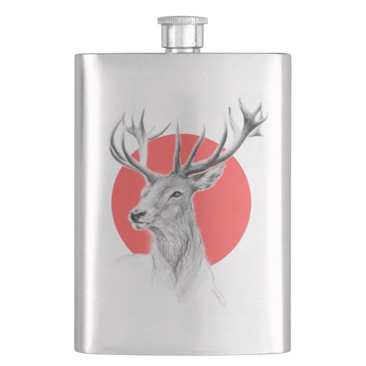 Deer Stag tekening Rode cirkel Dierenkunst Heupfles (Voorkant)