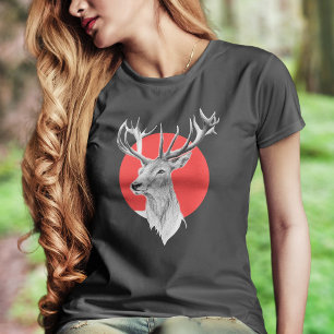 Deer Stag tekening Rode cirkel Dierenkunst T-shirt