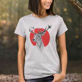 Deer Stag tekening Rode cirkel Dierenkunst T-shirt