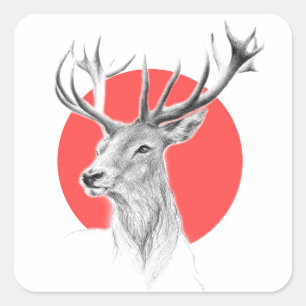 Deer Stag tekening Rode cirkel Dierenkunst Vierkante Sticker