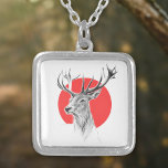 Deer Stag tekening Rode cirkel Dierenkunst Zilver Vergulden Ketting<br><div class="desc">Hertenhoofdtekening en rode cirkel op de achtergrond. Grafiet potlood schets met digitale kleur. Artistiek en elegant cadeau voor dierenvrienden. · U kunt het aanpassen - afbeelding vergroten/verkleinen of roteren, tekst en meer toevoegen of overzetten naar een ander product :) · · · · Ik zou graag een foto van uw...</div>