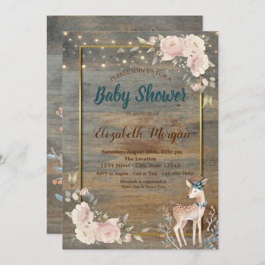 Deer String Lights, Baby shower hout Kaart (Voorkant / Achterkant)