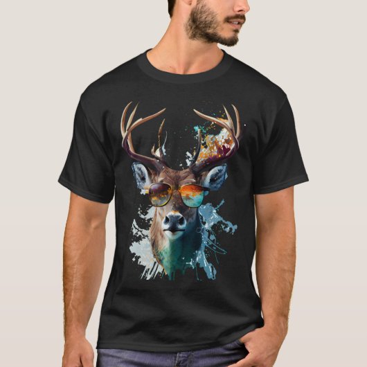 Deer sunglasses vacation sun nature forest hiking t-shirt (Voorkant)