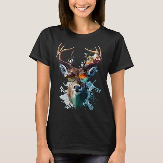 Deer sunglasses vacation sun nature forest hiking t-shirt (Voorkant)