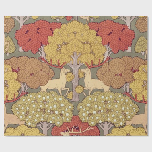 Deer &Tree Squirrel Bird Rowan Berries Art Nouveau Cadeaupapier (Vlak)