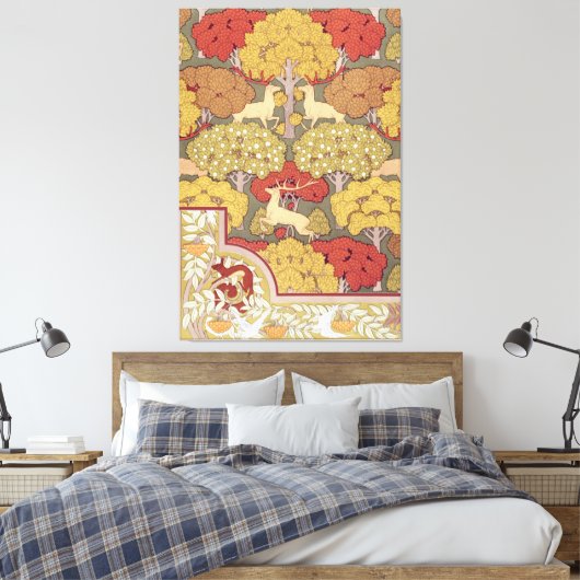 Deer &Tree Squirrel Bird Rowan Berries Art Nouveau Canvas Afdruk (Insitu (Slaapkamer))