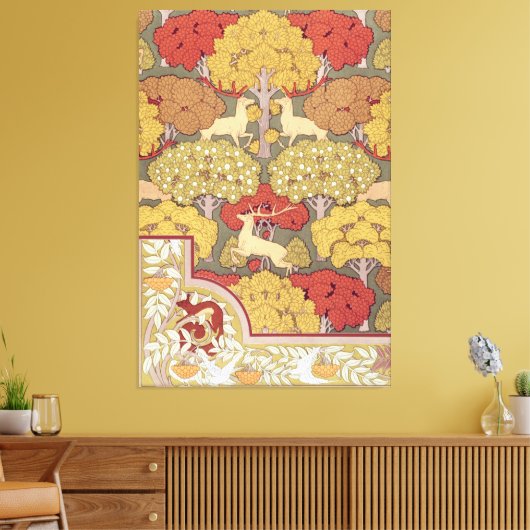 Deer &Tree Squirrel Bird Rowan Berries Art Nouveau Canvas Afdruk (Insitu (Woonkamer))