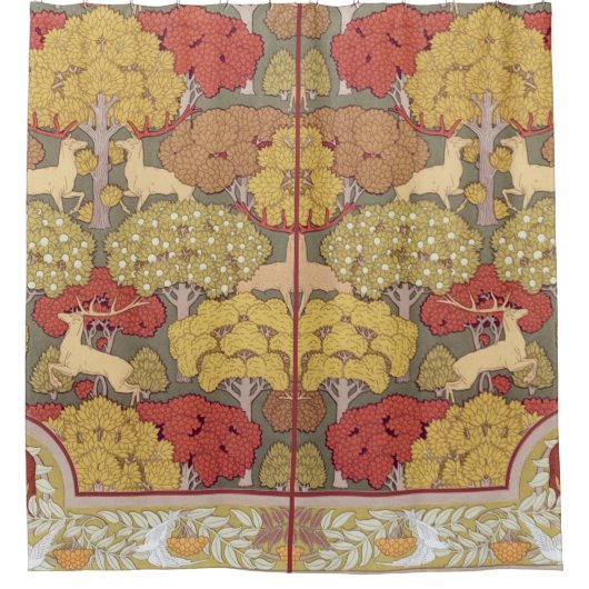 Deer &Tree Squirrel Bird Rowan Berries Art Nouveau Douchegordijn (Voorkant)