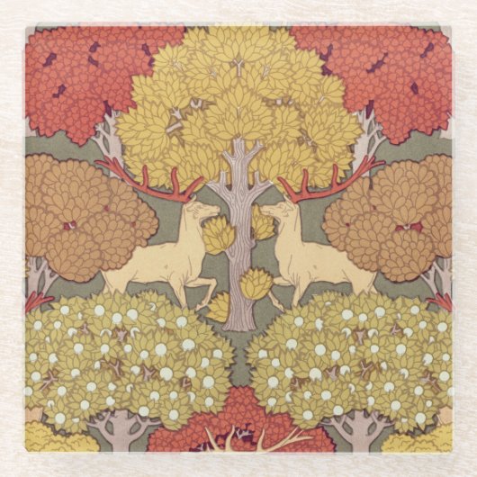 Deer &Tree Squirrel Bird Rowan Berries Art Nouveau Glazen Onderzetter (Voorkant)
