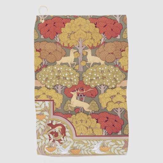 Deer &Tree Squirrel Bird Rowan Berries Art Nouveau Golfhanddoek (Voorkant)