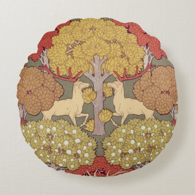 Deer &Tree Squirrel Bird Rowan Berries Art Nouveau Rond Kussen (Voorkant)