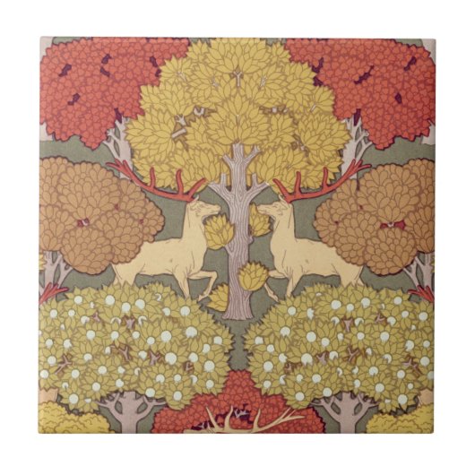 Deer &Tree Squirrel Bird Rowan Berries Art Nouveau Tegeltje (Voorkant)
