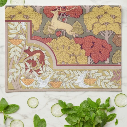 Deer &Tree Squirrel Bird Rowan Berries Art Nouveau Theedoek (Gevouwen)