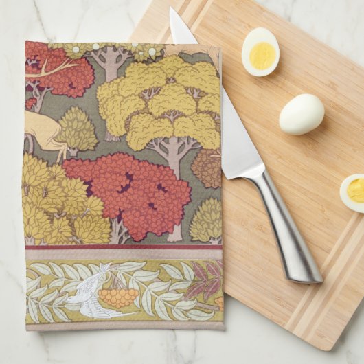 Deer &Tree Squirrel Bird Rowan Berries Art Nouveau Theedoek (Quarter Fold)