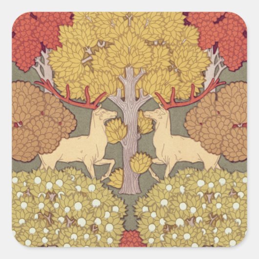 Deer &Tree Squirrel Bird Rowan Berries Art Nouveau Vierkante Sticker (Voorkant)