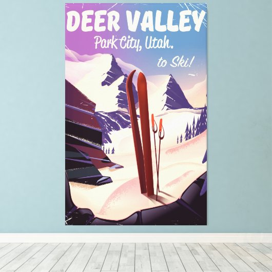Deer Valley, Park City, Utah, Ski reisposter. Canvas Afdruk (Insitu (Houten vloer))