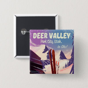 Deer Valley, Park City, Utah, Ski reisposter. Vierkante Button 5,1 Cm