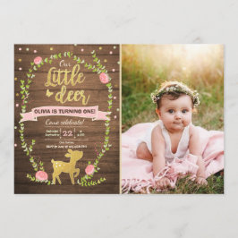 Deer verjaardag nodigt Girl Pink Gold Woodland uit Kaart