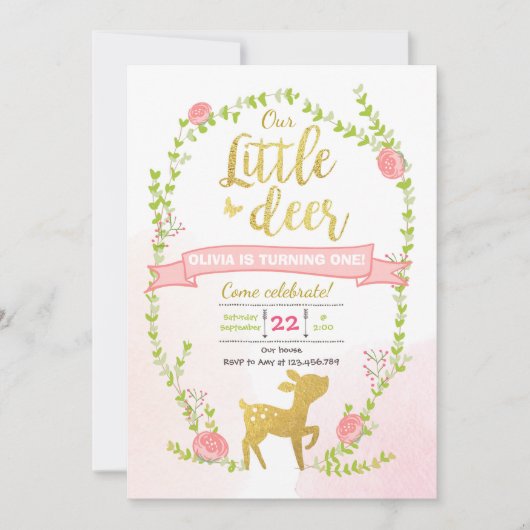 Deer verjaardag nodigt Girl Pink Gold Woodland uit Kaart (Voorkant)