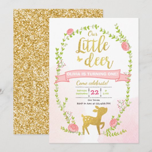 Deer verjaardag nodigt Girl Pink Gold Woodland uit Kaart (Voorkant / Achterkant)