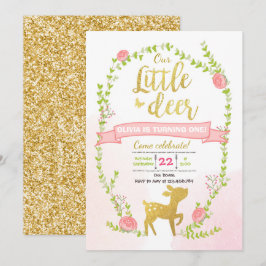 Deer verjaardag nodigt Girl Pink Gold Woodland uit Kaart