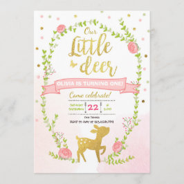 Deer verjaardag nodigt Girl Pink Gold Woodland uit Kaart