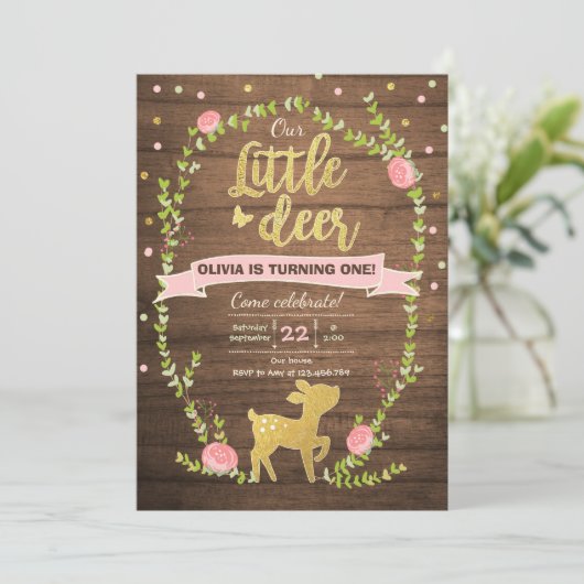Deer verjaardag nodigt Girl Pink Gold Woodland uit Kaart (Staand voorkant)
