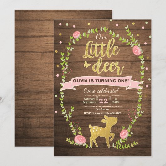 Deer verjaardag nodigt Girl Pink Gold Woodland uit Kaart (Voorkant / Achterkant)