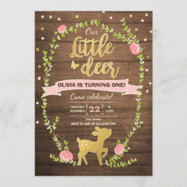 Deer verjaardag nodigt Girl Pink Gold Woodland uit Kaart