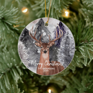 Deer Waterverf Buck in Forest kerstversiering Keramisch Ornament
