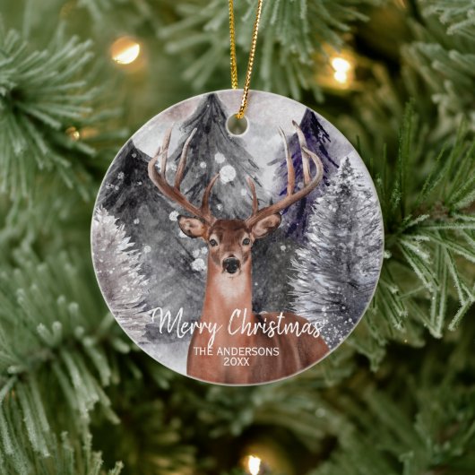 Deer Waterverf Buck in Forest kerstversiering Keramisch Ornament (Boom)