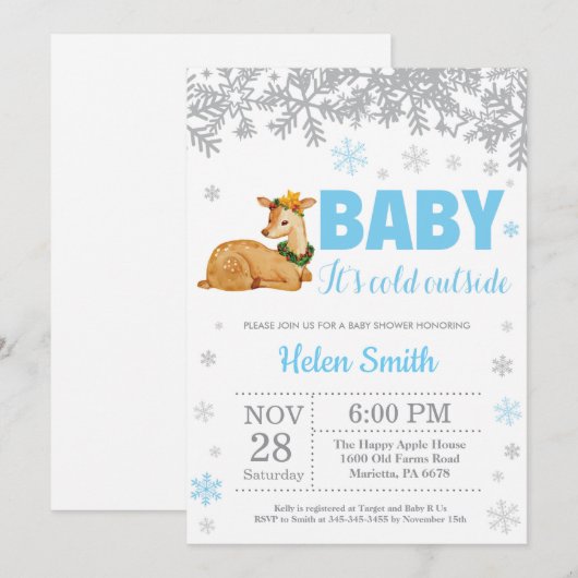 Deer Winter Blue Boy Baby shower Snowflake Kaart (Voorkant / Achterkant)