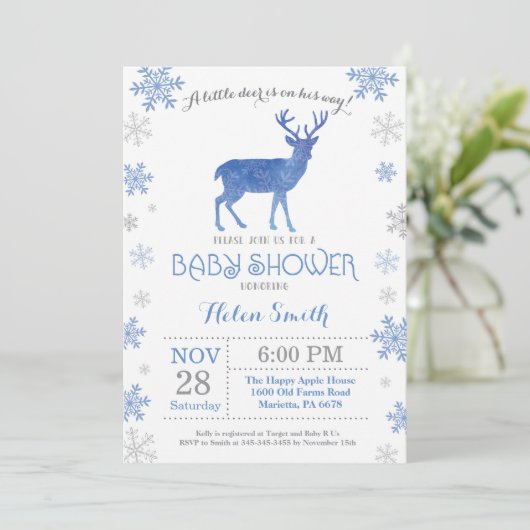 Deer Winter Blue Boy Baby shower Snowflake Kaart (Staand voorkant)