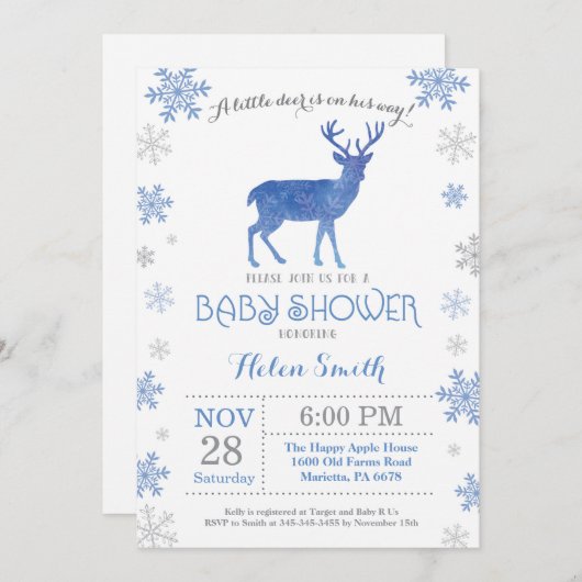 Deer Winter Blue Boy Baby shower Snowflake Kaart (Voorkant / Achterkant)