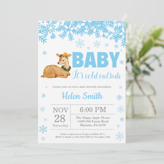 Deer Winter Blue Boy Baby shower Snowflake Kaart (Staand voorkant)