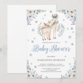 Deer Winter Blue Floral Silver Rustisch baby showe Kaart (Voorkant / Achterkant)