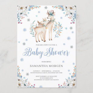 Deer Winter Blue Floral Silver Rustisch baby showe Kaart