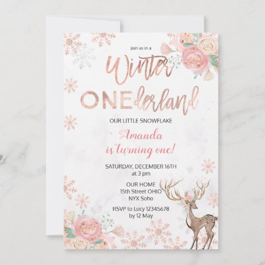 Deer Winter ONEderland Snow Birthday Invite Kaart (Voorkant)