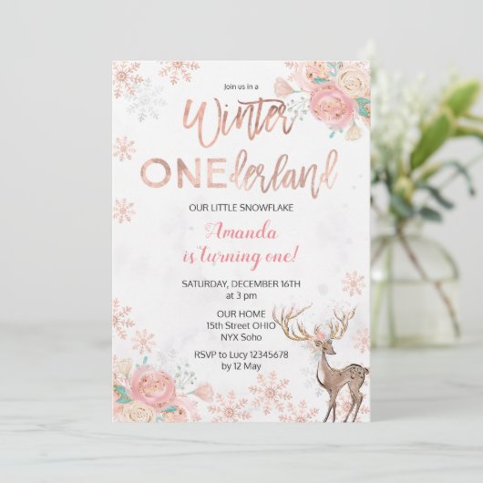 Deer Winter ONEderland Snow Birthday Invite Kaart (Staand voorkant)