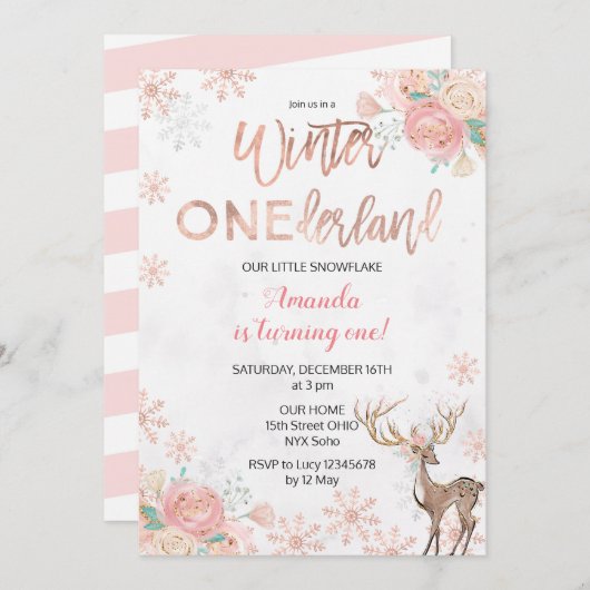Deer Winter ONEderland Snow Birthday Invite Kaart (Voorkant / Achterkant)