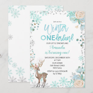 Deer Winter ONEderland Snow Birthday Invite Mint Kaart