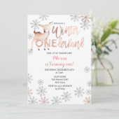 Deer Winter ONEderland Verjaardag Nodig Roos Gold Kaart (Staand voorkant)