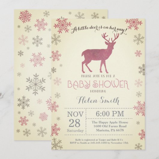Deer Winter Pink Girl Baby shower Snowflake Kaart (Voorkant / Achterkant)