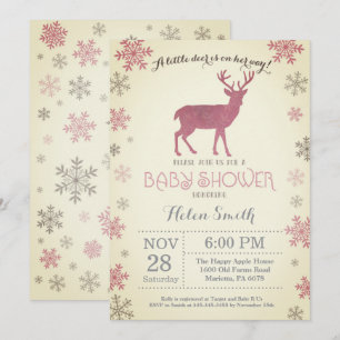 Deer Winter Pink Girl Baby shower Snowflake Kaart